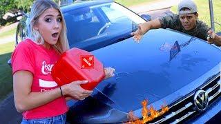 POURING (10 GALLONS) OF FUEL ON MY BOYFRIENDS CAR PRANK!! **GIRLFRIEND PRANKS**